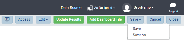 The area of the Dashboard showing the Save menu items
