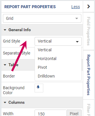 The report part properties with the list of grid types 