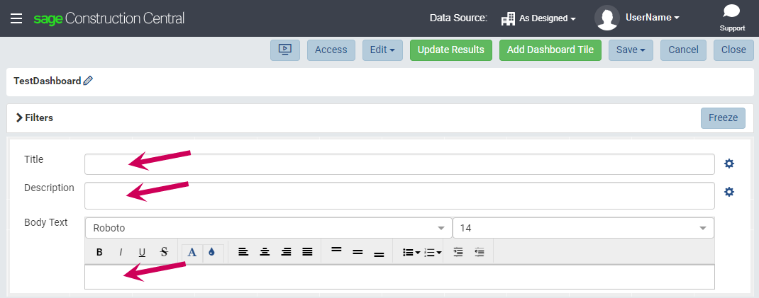 The area showing where to enter the title, description, and body text
